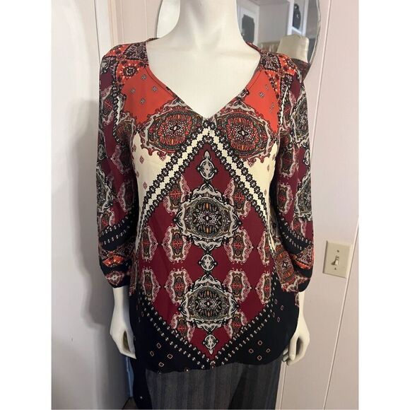 Fig and Flower Anthropologie silky V-Neck Earth Tone 3/4 Sleeve Tunic M - Picture 2 of 6